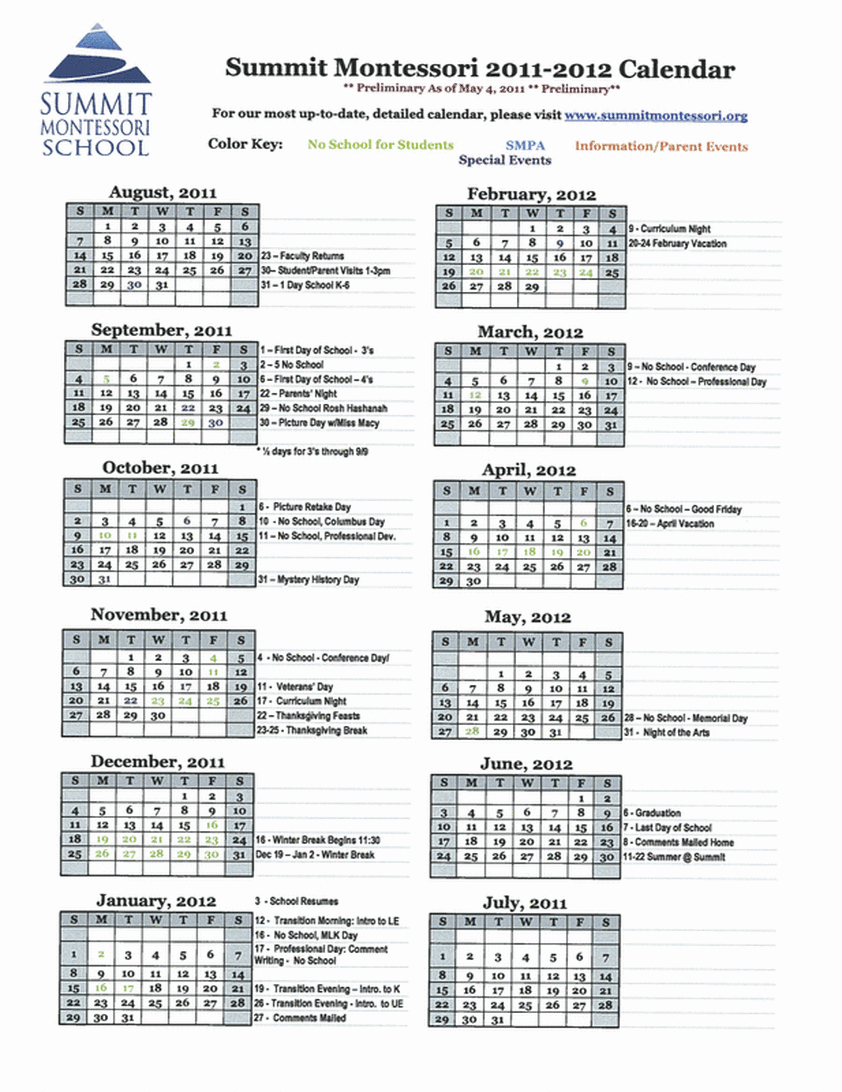 Yearly Calendar Lower Elementary Summit Montessori